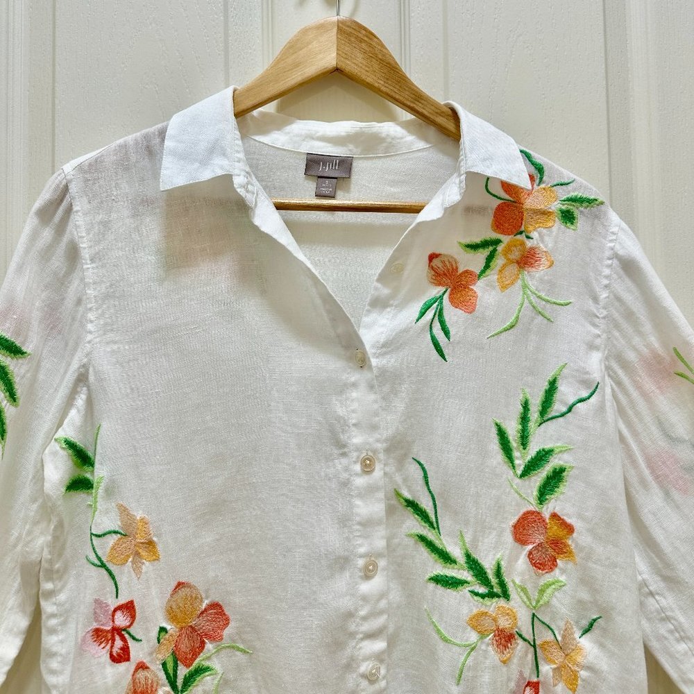 J.Jill 100% Linen Embroidery Shirt Blouse Women's Size S White Floral Button Up - Picture 2 of 16